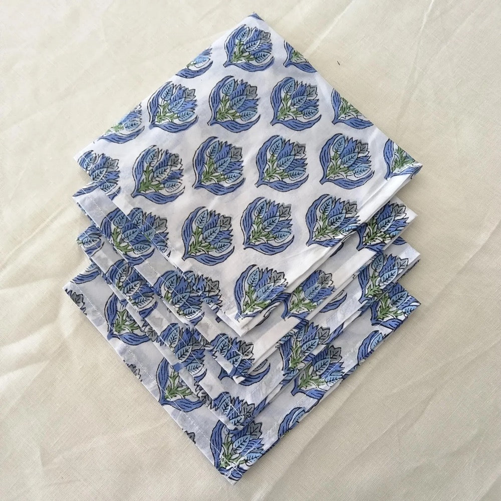 Blue, Green Floral Hand Block Printed Napkins | Sustainable Cotton Dining Set | Indian Hand Block Print