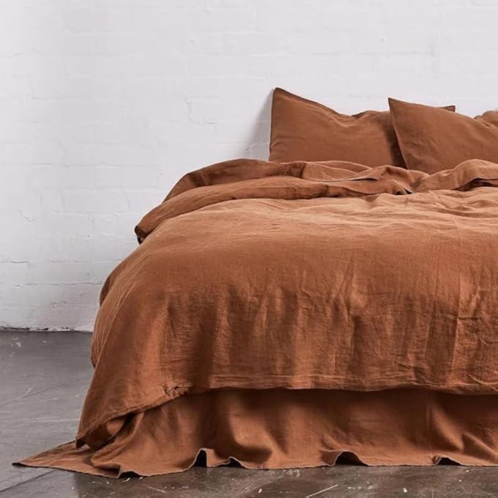 French Flax Linen Duvet Cover Set - Terracotta, 3 Pcs Linen Duvet Cover with 2 Pillowcase, Bedding in Buttons