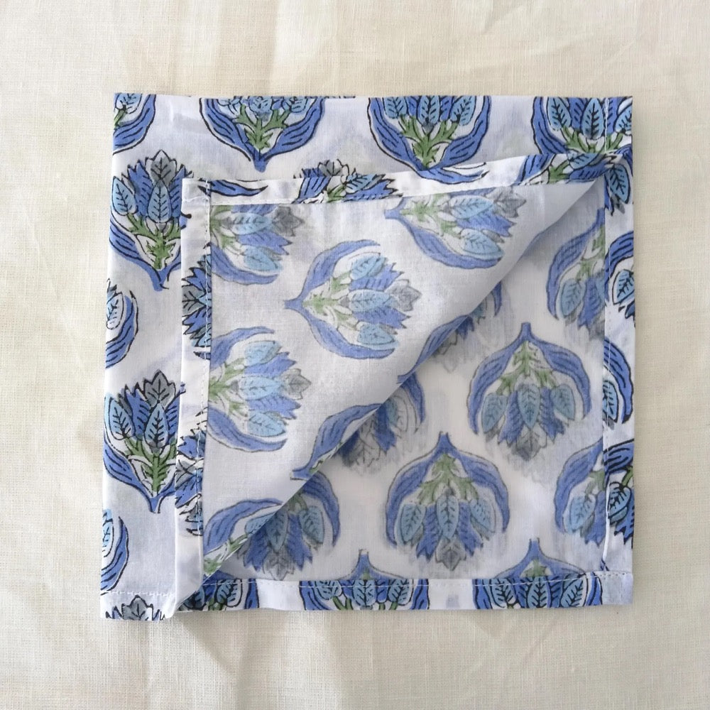 Blue, Green Floral Hand Block Printed Napkins | Sustainable Cotton Dining Set | Indian Hand Block Print