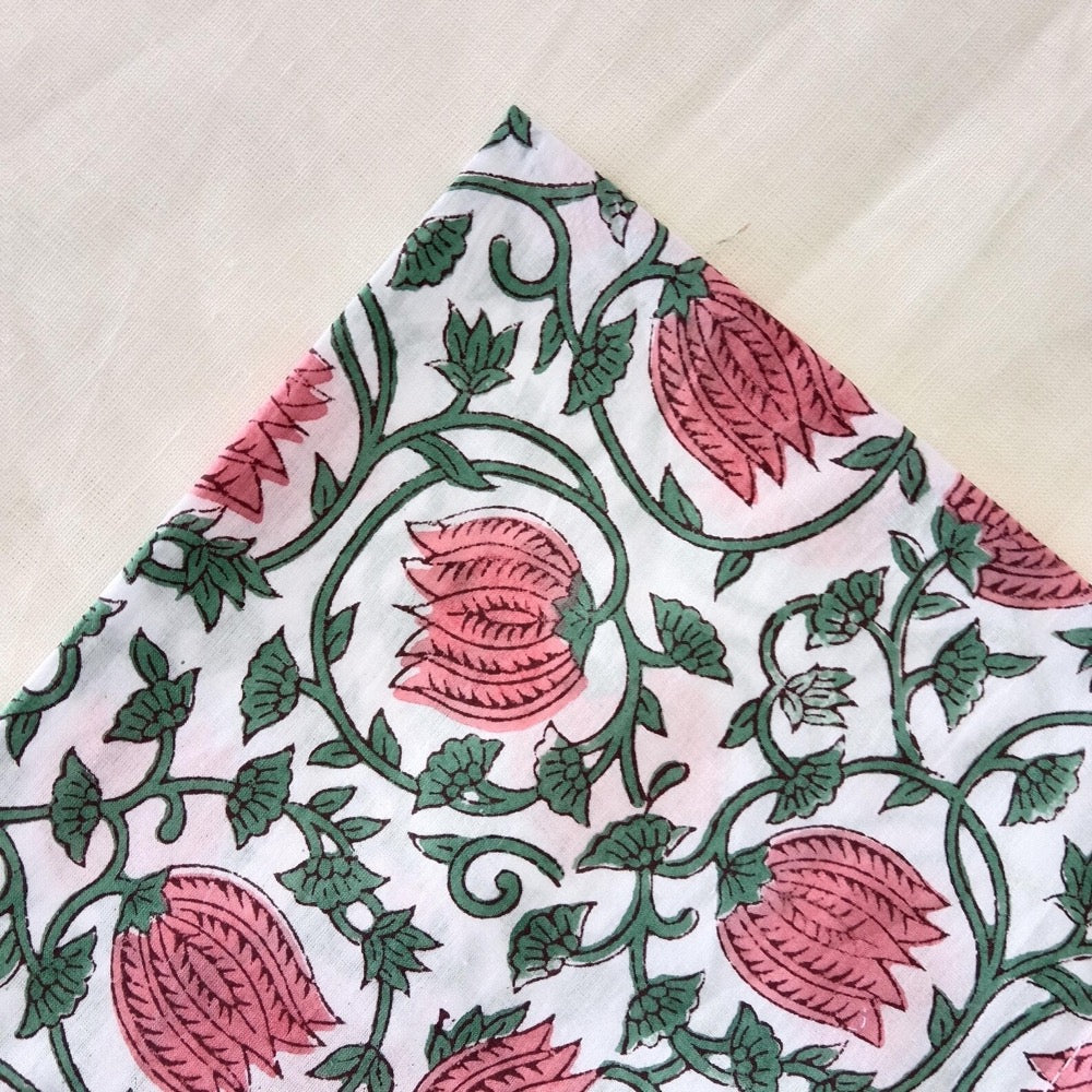 Lotus Pink Floral Hand Block Printed Napkins | Sustainable Cotton Dining Set Indian Hand