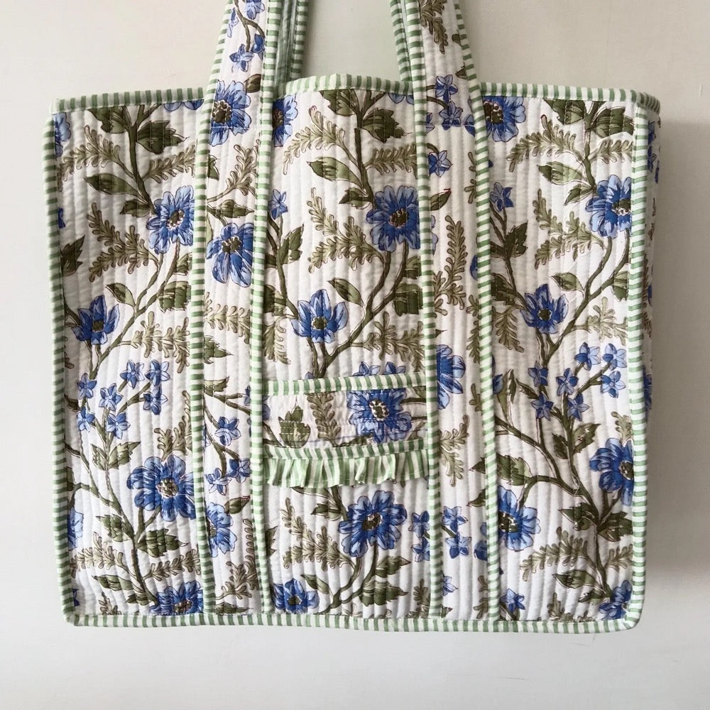 Large Cotton Quilted Tote Bag, Hand Block Printed Handmade Jaipur Shoulder Bag | Boho Eco Friendly