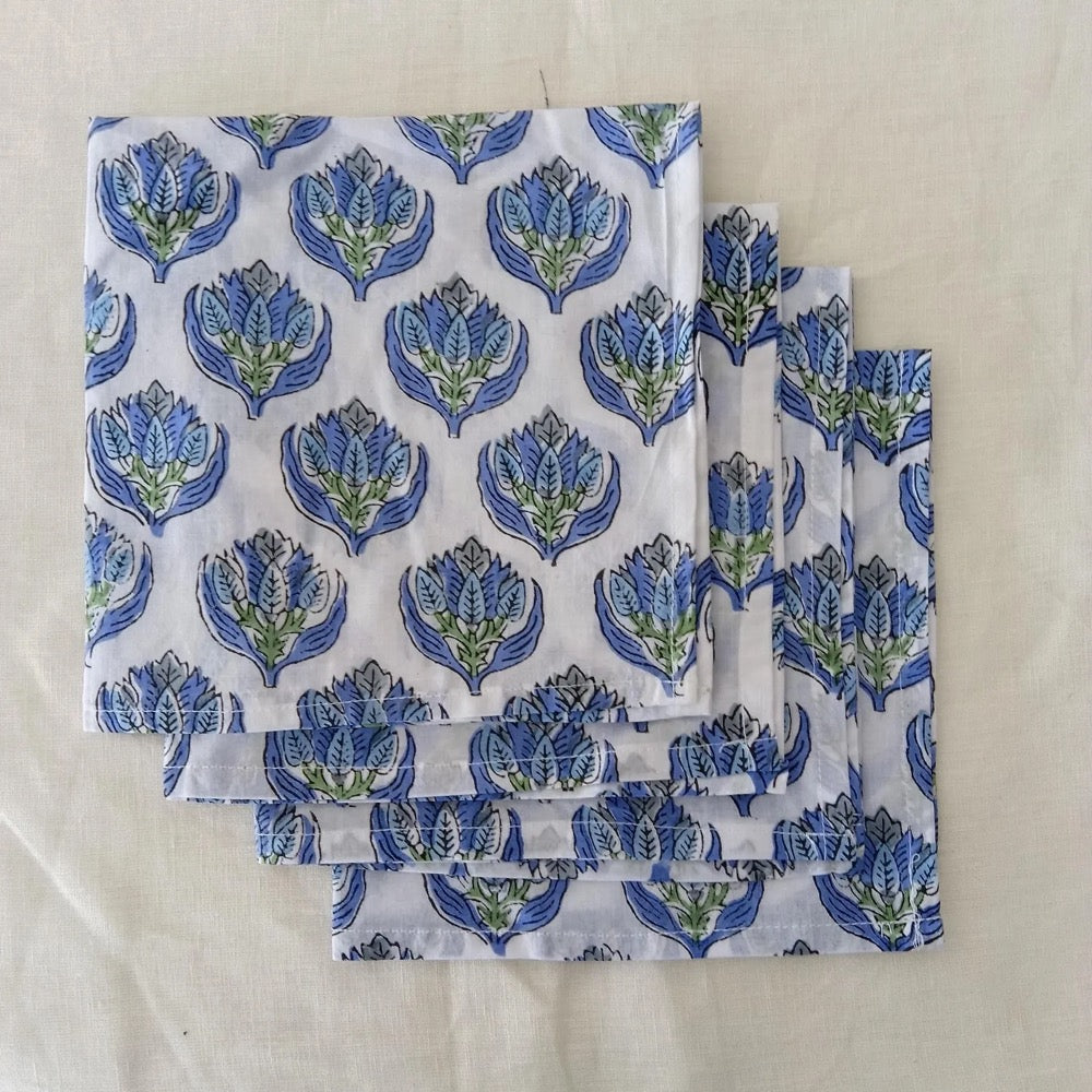 Blue, Green Floral Hand Block Printed Napkins | Sustainable Cotton Dining Set | Indian Hand Block Print