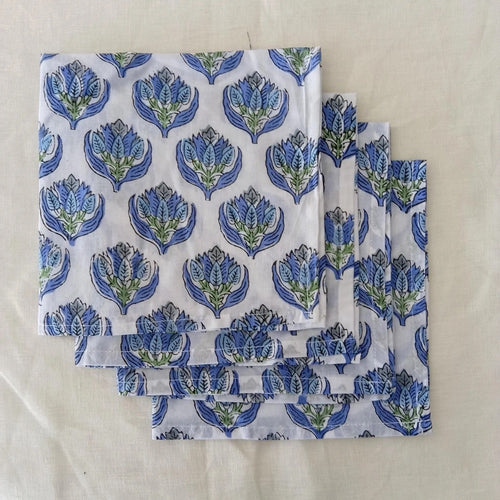 Blue, Green Floral Hand Block Printed Napkins | Sustainable Cotton Dining Set | Indian Hand Block Print