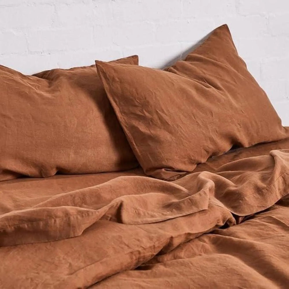 French Flax Linen Duvet Cover Set - Terracotta, 3 Pcs Linen Duvet Cover with 2 Pillowcase, Bedding in Buttons