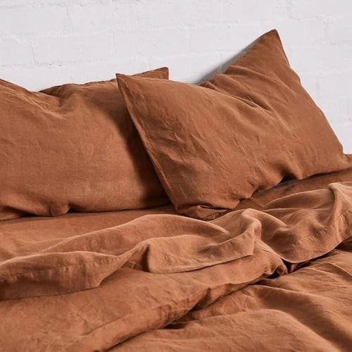 French Flax Linen Duvet Cover Set - Terracotta, 3 Pcs Linen Duvet Cover with 2 Pillowcase, Bedding in Buttons