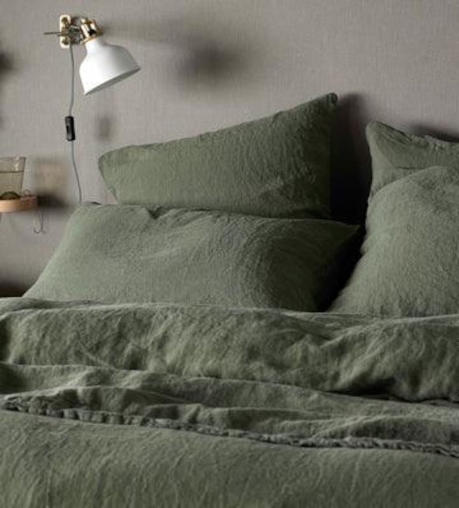 Linen Bedding Set in Olive Green Soft Washed Bedding with Coconut Buttons, Queen King Twin 100% Flax Linen Duvet Cover