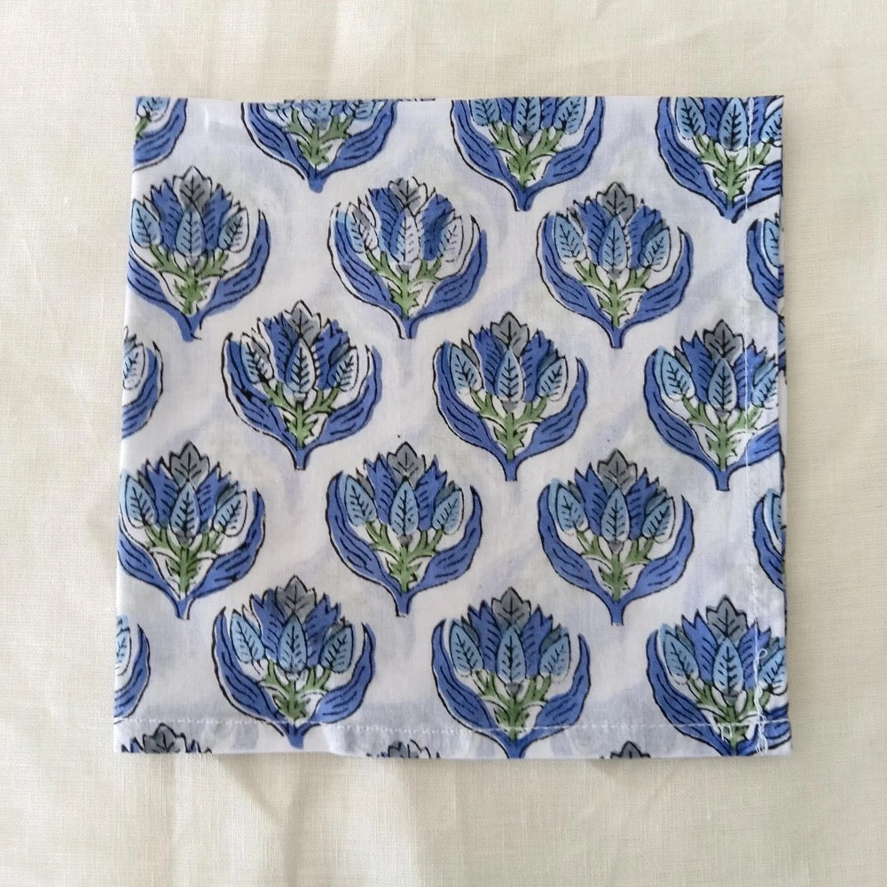 Blue, Green Floral Hand Block Printed Napkins | Sustainable Cotton Dining Set | Indian Hand Block Print