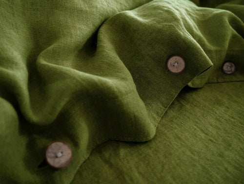3 Pcs, 100% Cotton Bedding Set in Moss Green, Super Soft Washed Cotton Duvet Cover with Buttons, King