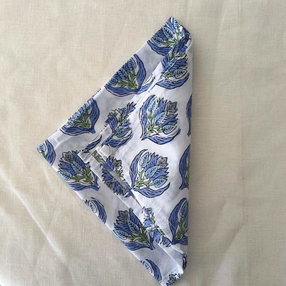 Blue, Green Floral Hand Block Printed Napkins | Sustainable Cotton Dining Set | Indian Hand Block Print