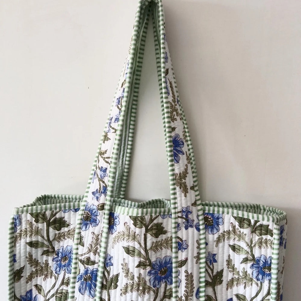 Large Cotton Quilted Tote Bag, Hand Block Printed Handmade Jaipur Shoulder Bag | Boho Eco Friendly