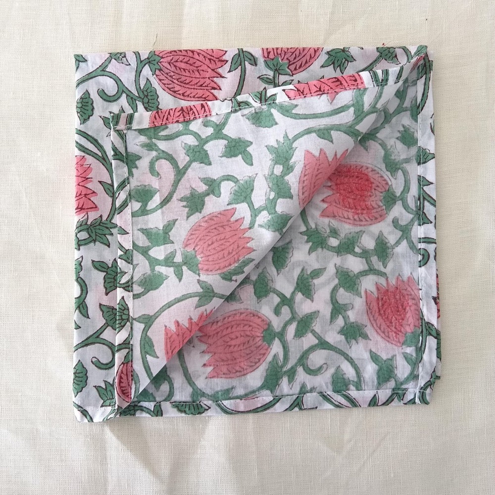 Lotus Pink Floral Hand Block Printed Napkins | Sustainable Cotton Dining Set Indian Hand