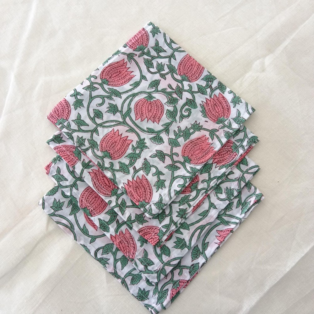 Lotus Pink Floral Hand Block Printed Napkins | Sustainable Cotton Dining Set Indian Hand