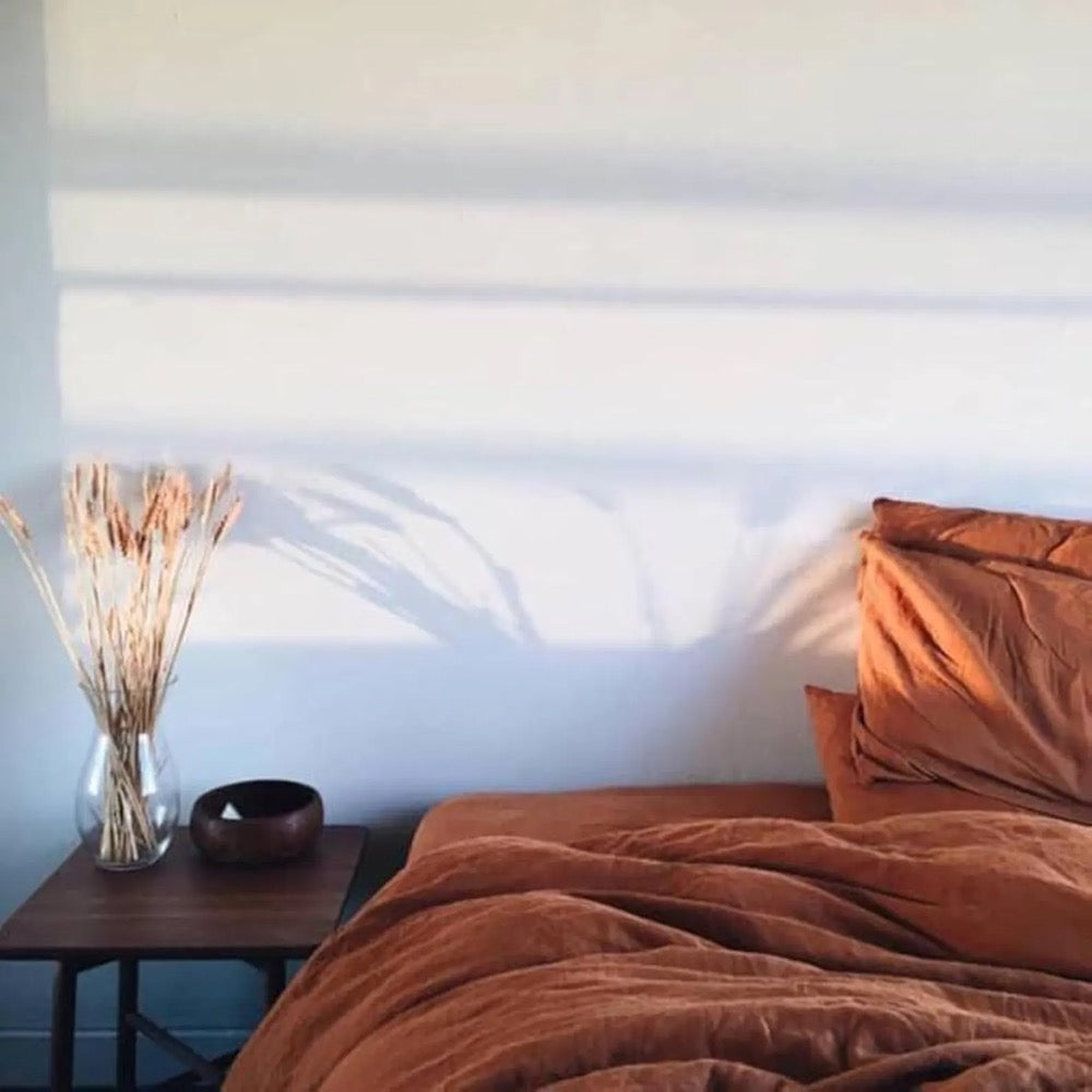 French Flax Linen Duvet Cover Set - Terracotta, 3 Pcs Linen Duvet Cover with 2 Pillowcase, Bedding in Buttons