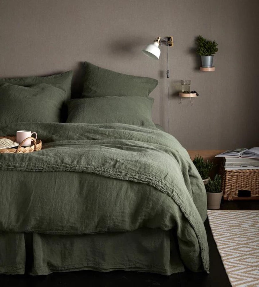 Linen Bedding Set in Olive Green Soft Washed Bedding with Coconut Buttons, Queen King Twin 100% Flax Linen Duvet Cover