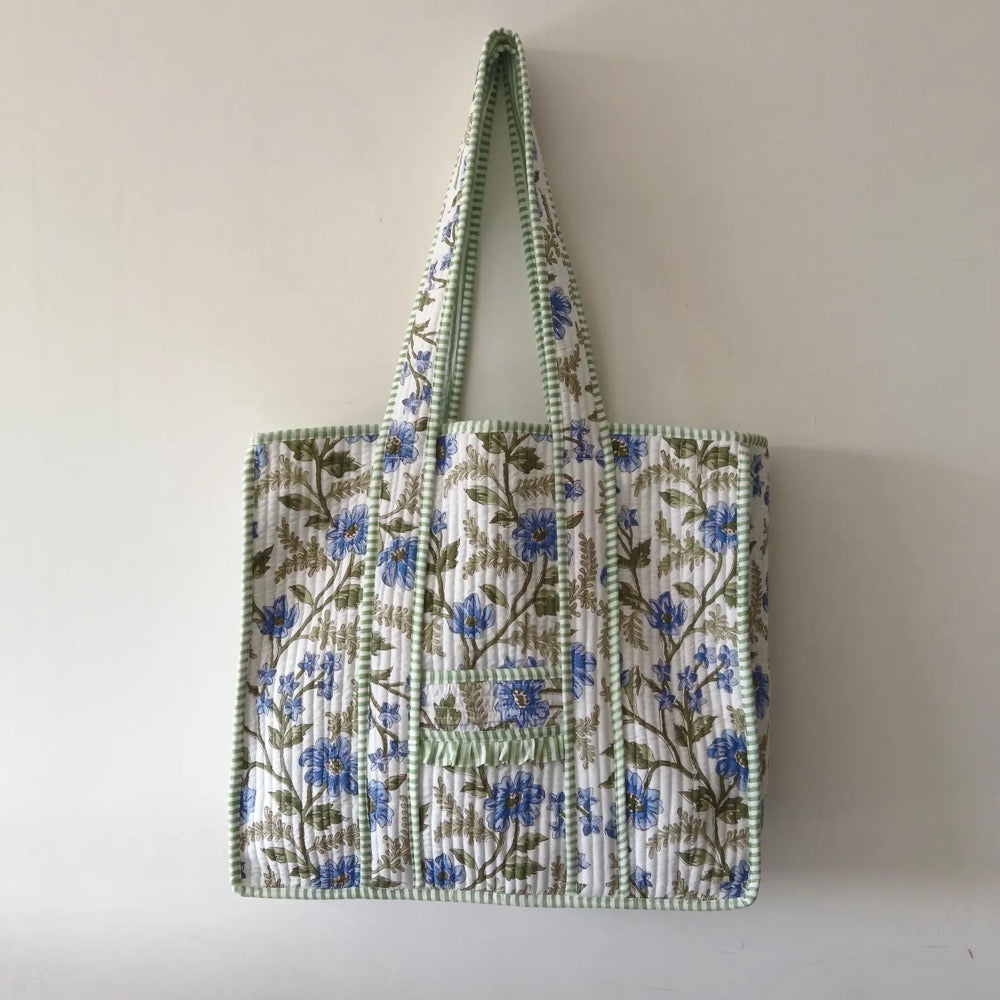 Large Cotton Quilted Tote Bag, Hand Block Printed Handmade Jaipur Shoulder Bag | Boho Eco Friendly